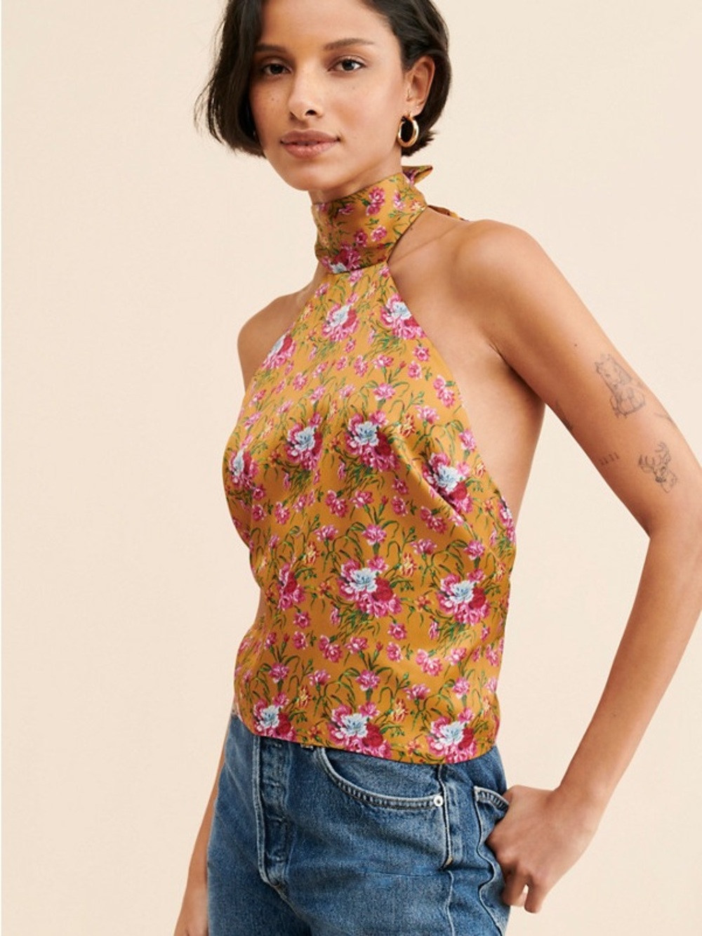 LoveShackFancy Mustard Floral Halter Crop Top - Picture 1 of 3